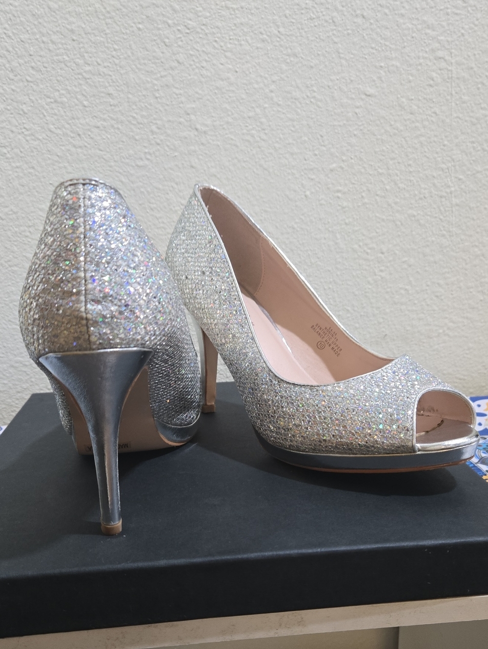Glitter Peep-Toe High Heels in Silver Size 10
